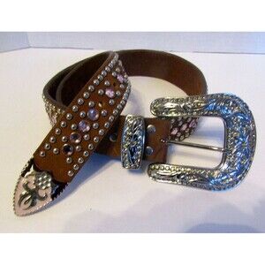 Western Belt Leather Pink Rhinestone Studded Wide Womens Cowgirl Size S